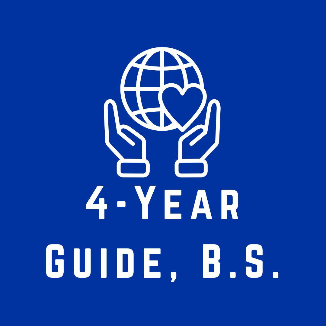 blue logo for public, nonprofit, health administration major, image is a drawing of hands holding up the globe that reads "four year guide B S"